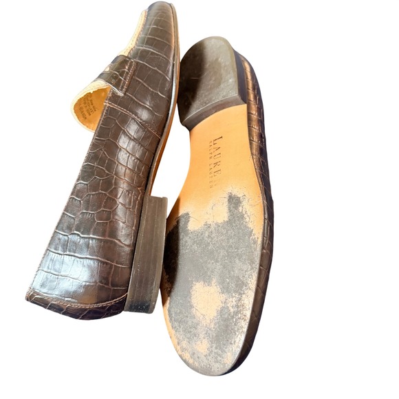 Lauren Ralph Lauren Brown Croc Embossed Leather Linen Penny Loafers 9B Brazil - Picture 9 of 9